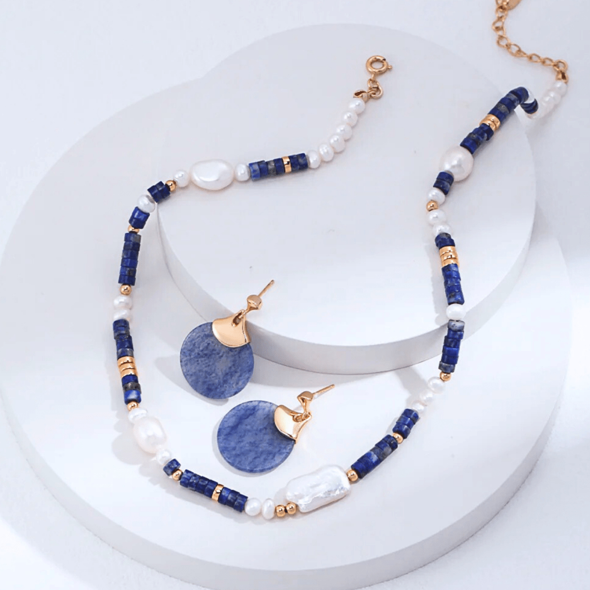 Lapis & Pearl Collar Necklace — S925, Vintage Gold (Adjustable) - Beloved Moments Jewels & Co. Inc.