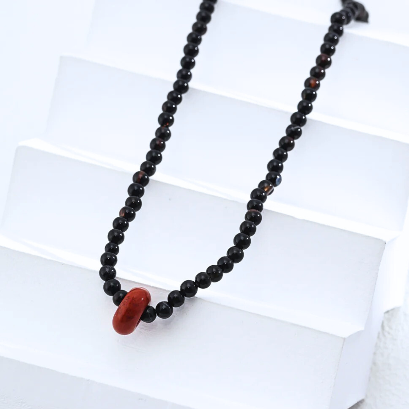 Noir Black Onyx & Red Gem Beaded Necklace – 925 Sterling Silver, Adjustable Length