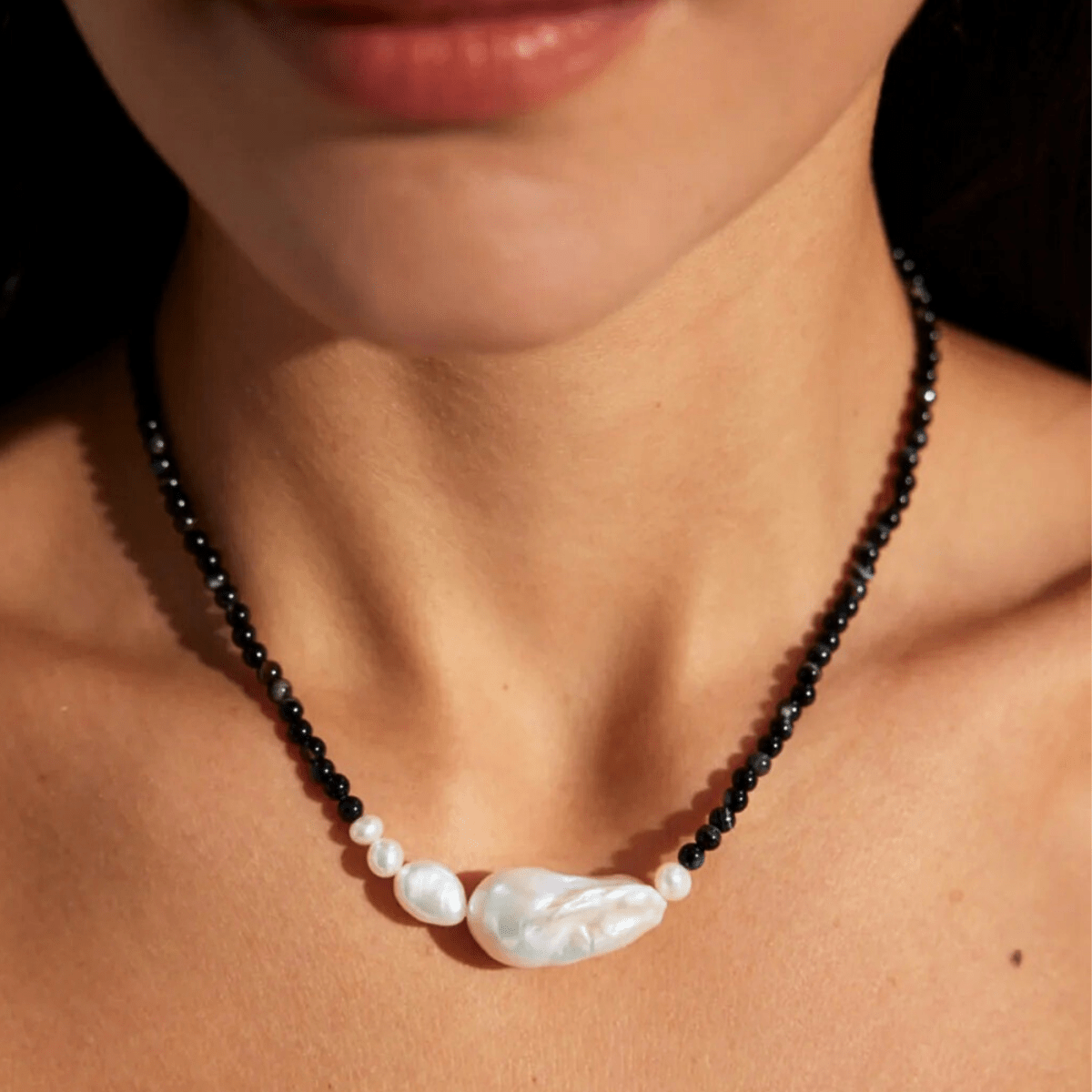 Baroque Pearl & Black Onyx Beaded Necklace — Vintage Gold (S925) - Beloved Moments Jewels & Co. Inc.