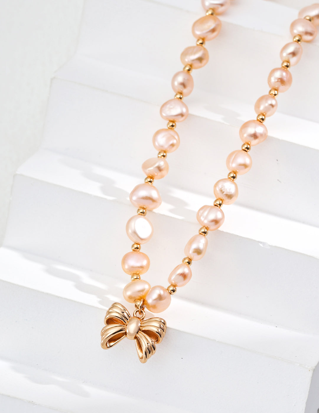 Blush Bow Freshwater Pearl Necklace – S925 Sterling Silver in Vintage Gold - Beloved Moments Jewels