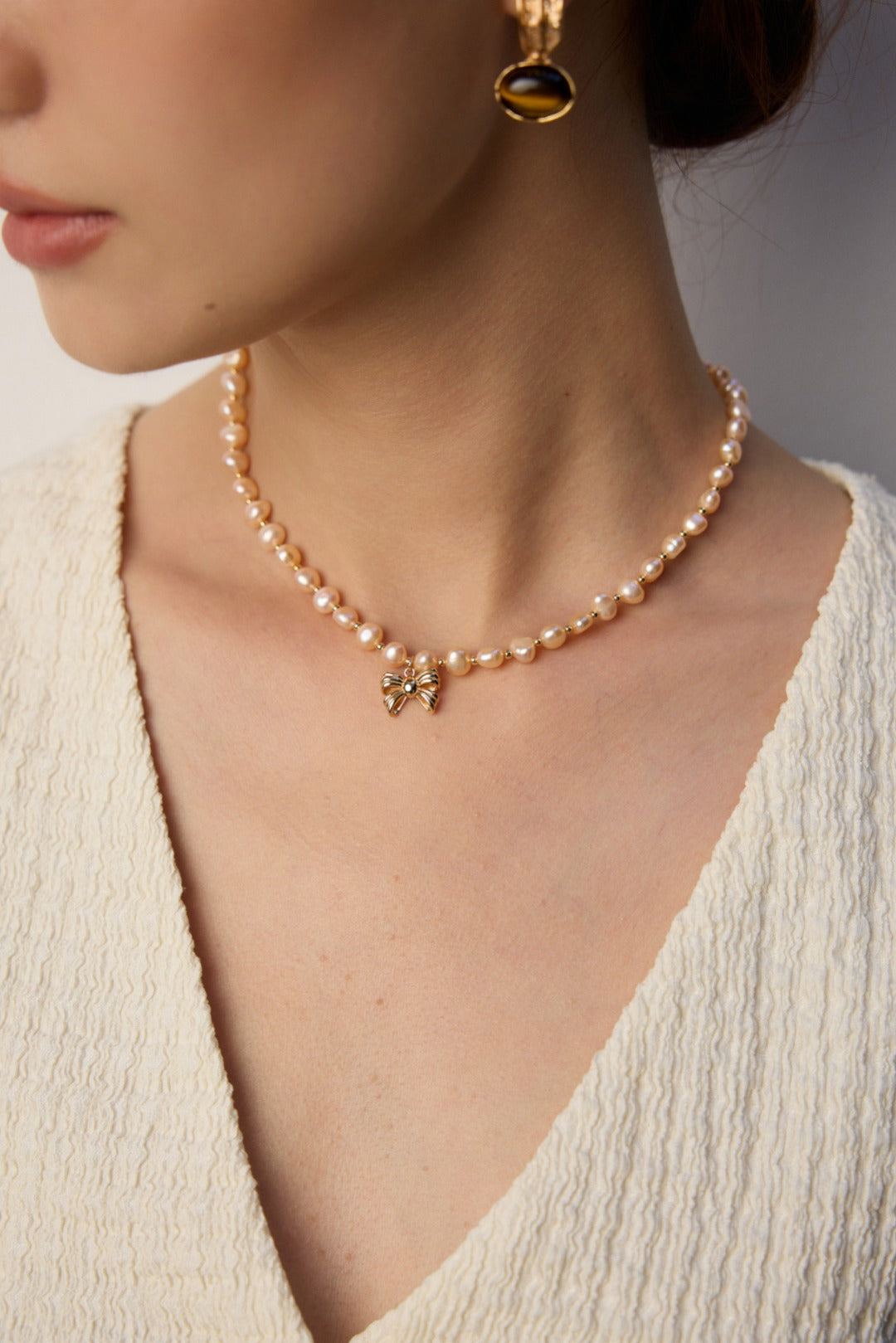 Blush Bow Freshwater Pearl Necklace – S925 Sterling Silver in Vintage Gold - Beloved Moments Jewels