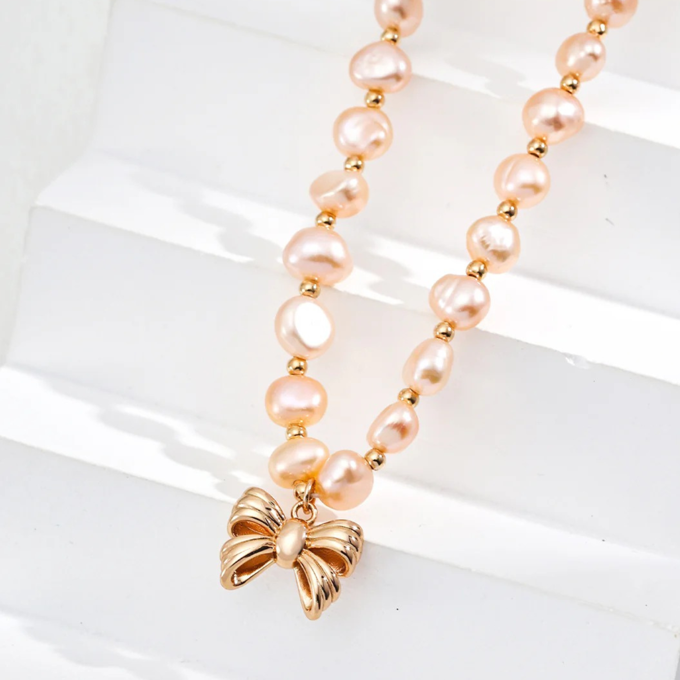 Blush Bow Freshwater Pearl Necklace – S925 Sterling Silver in Vintage Gold