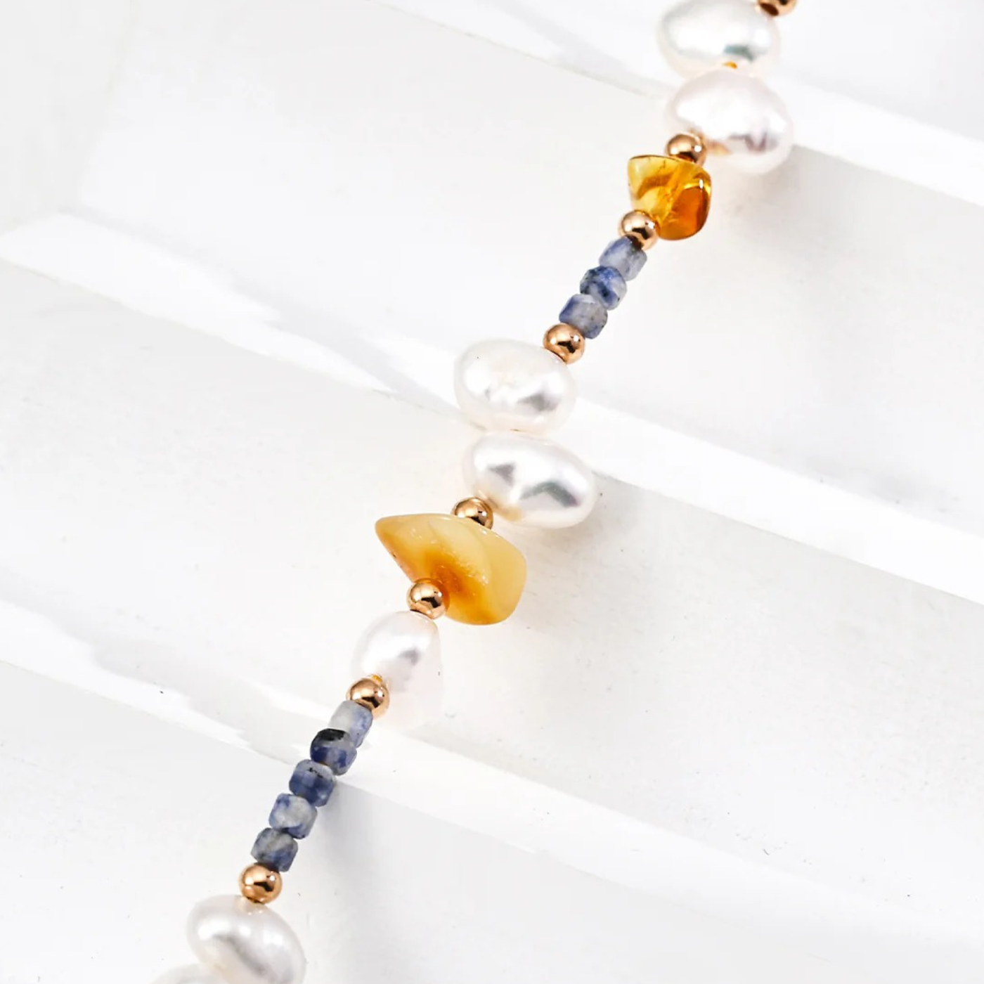 Natural Pearl & Blue Spot Stone Wax Cord Necklace S925 Sterling Silver