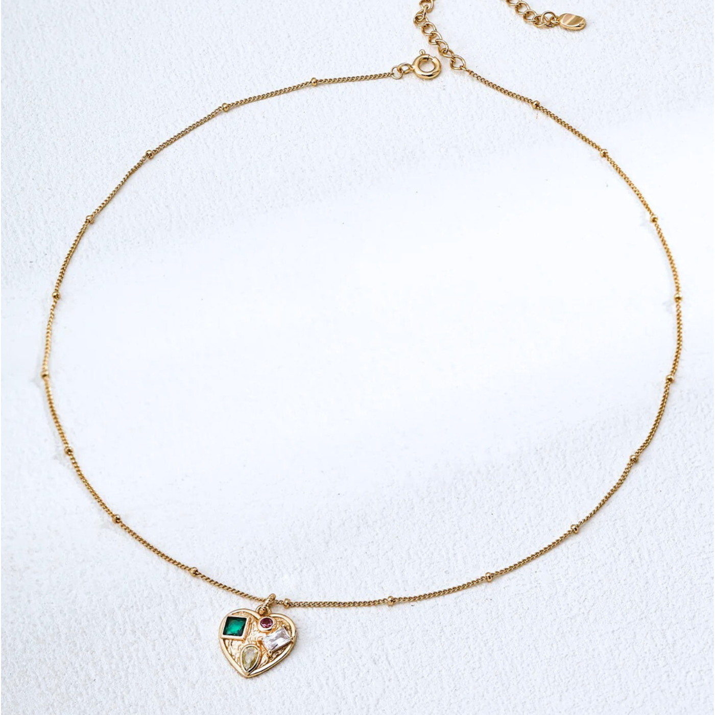 Heart Gemstone Charm Necklace – S925 Sterling Silver in Vintage Gold