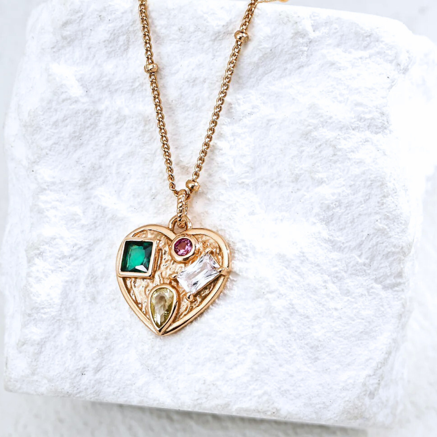 Heart Gemstone Charm Necklace – S925 Sterling Silver in Vintage Gold