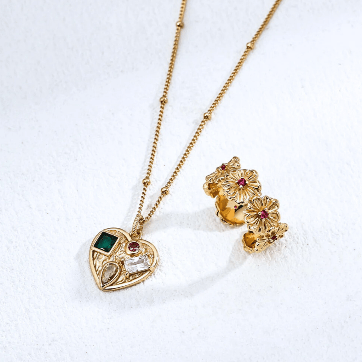 Heart Gemstone Charm Necklace – 18K Vintage Gold Plated S925 Silver - Beloved Moments Jewels & Co. Inc.