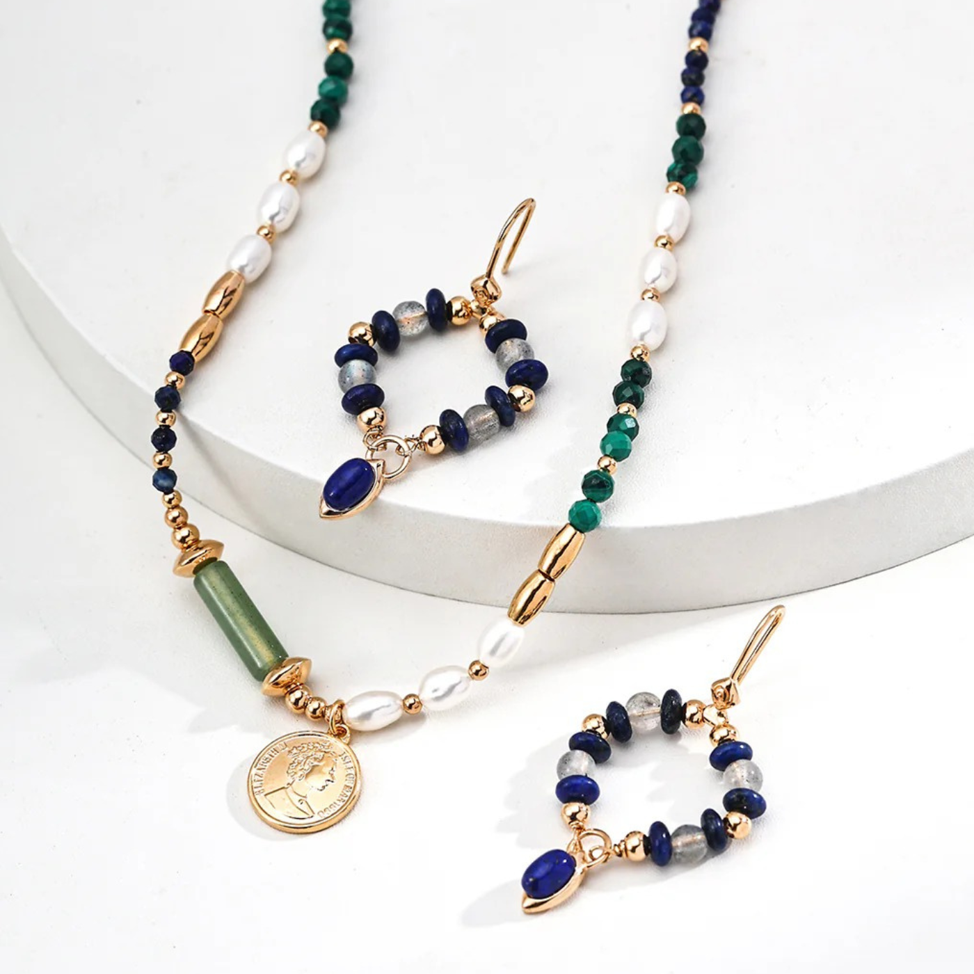 Gaia Medallion Necklace – Pearl, Malachite & Lapis on S925 Silver in Vintage Gold