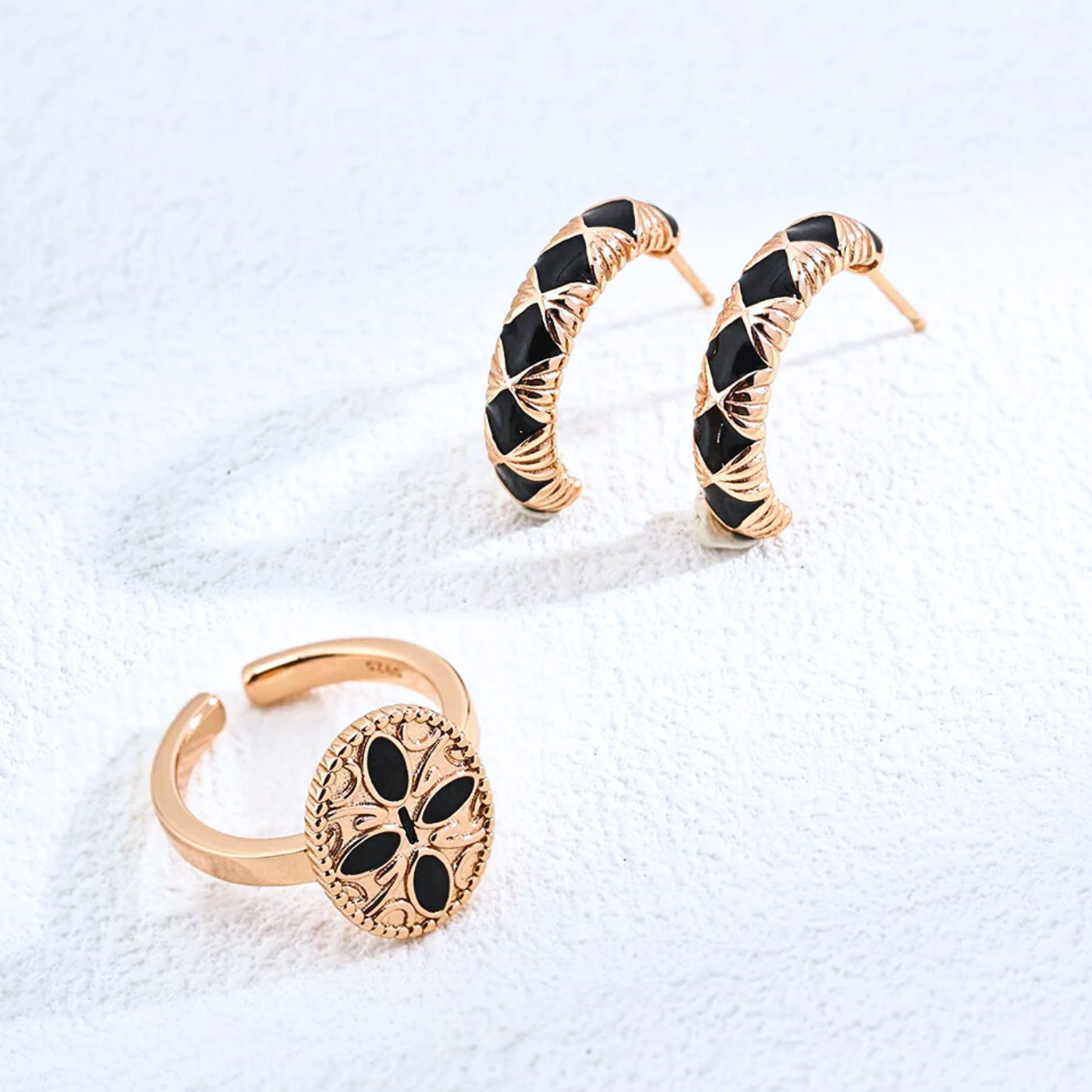 Noir Lattice Enamel Mini Hoops — Vintage Gold (S925)
