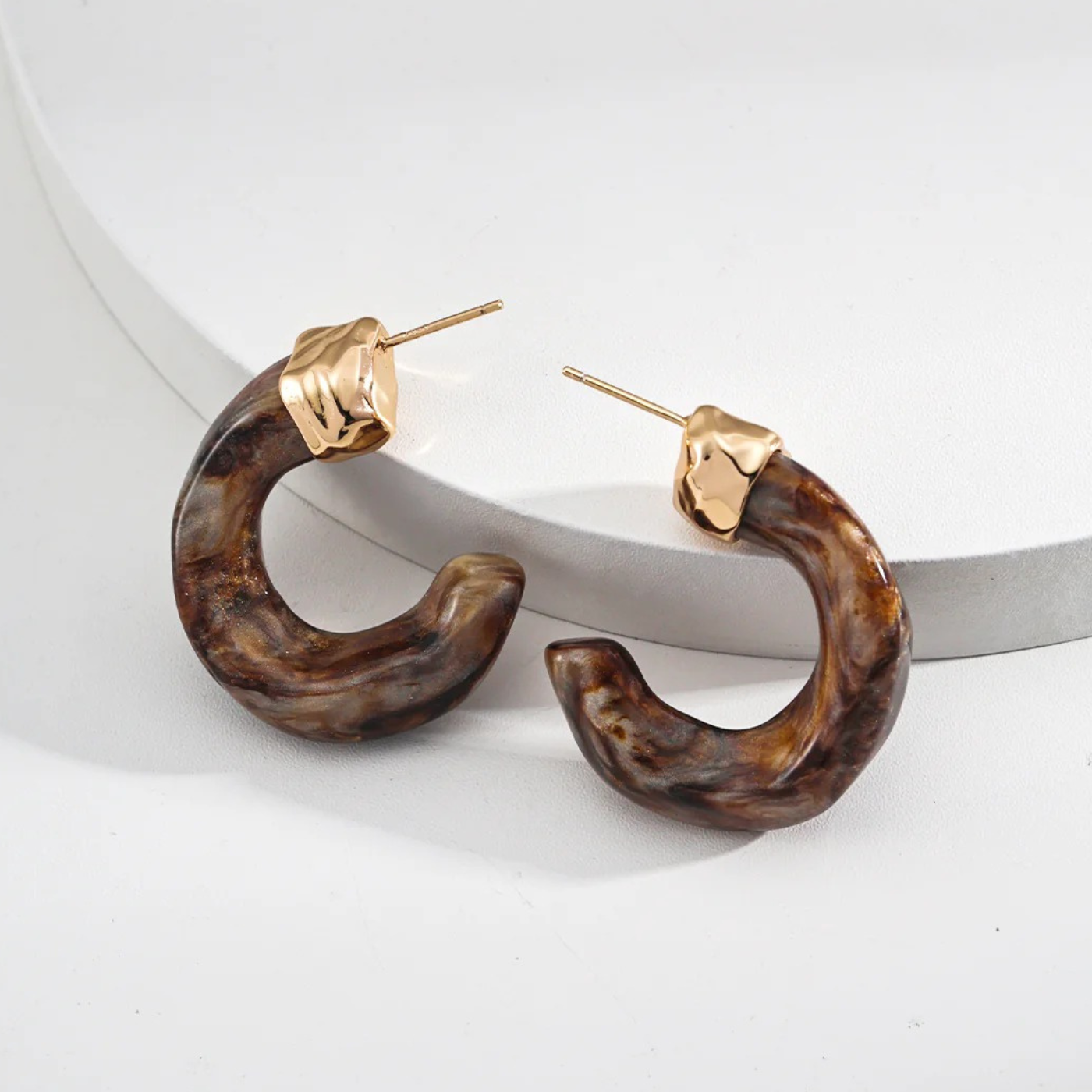 Resin Hoop Earrings in Agate & Coral Tones - S925 Sterling Silver