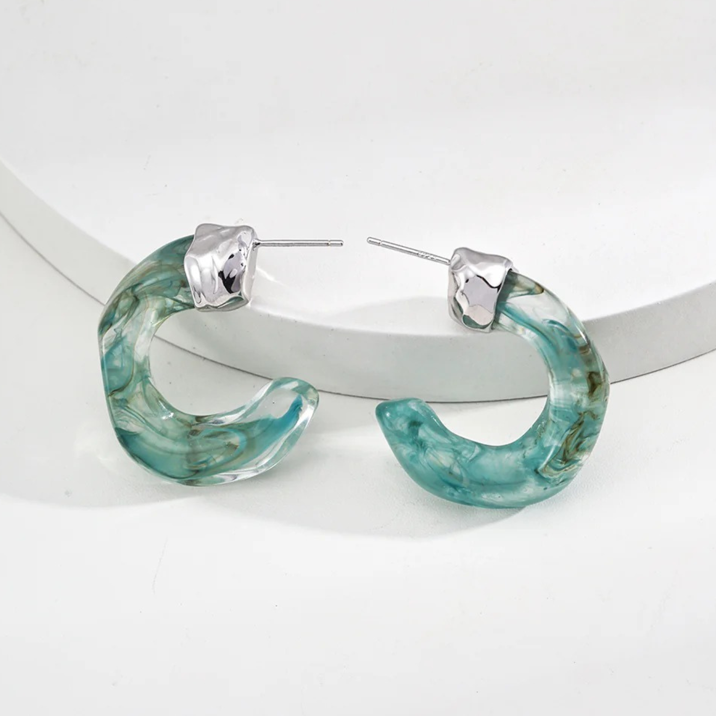 Resin Hoop Earrings in Agate & Coral Tones - S925 Sterling Silver