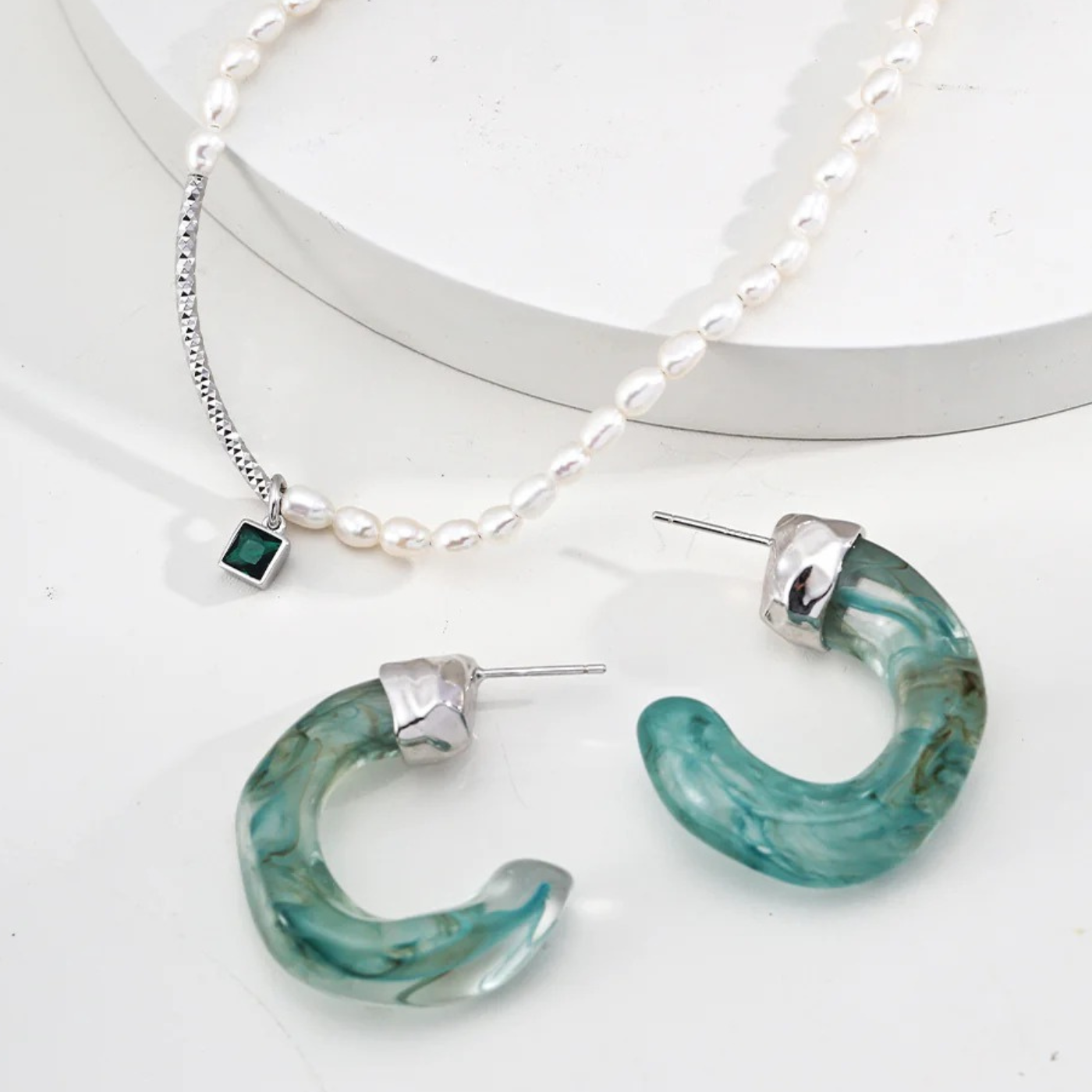 Resin Hoop Earrings in Agate & Coral Tones - S925 Sterling Silver