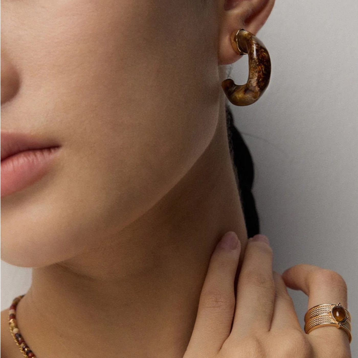 Resin Hoop Earrings in Agate & Coral Tones - S925 Sterling Silver