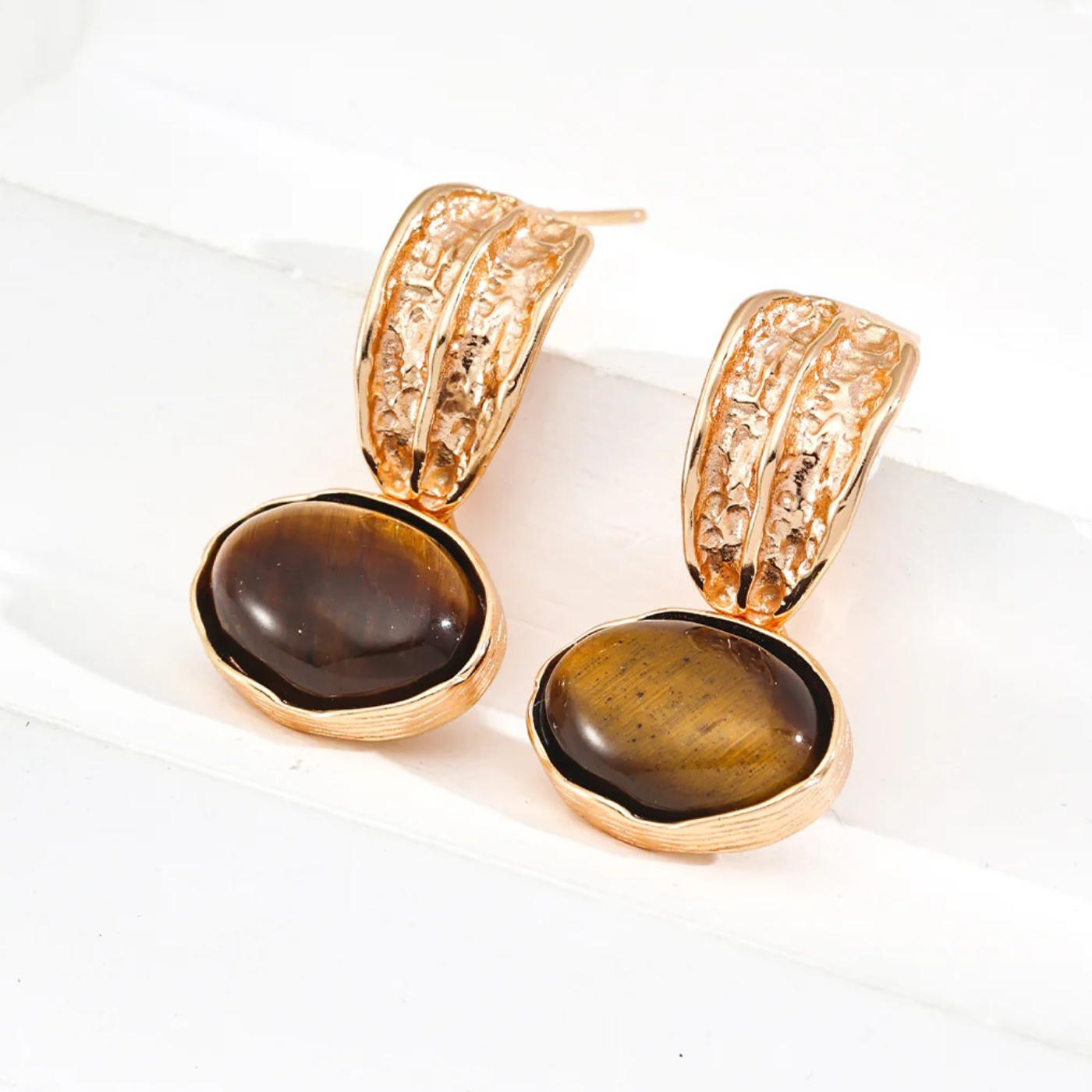 Tiger Eye & Onyx Textured Drop Earrings – S925 Sterling Silver