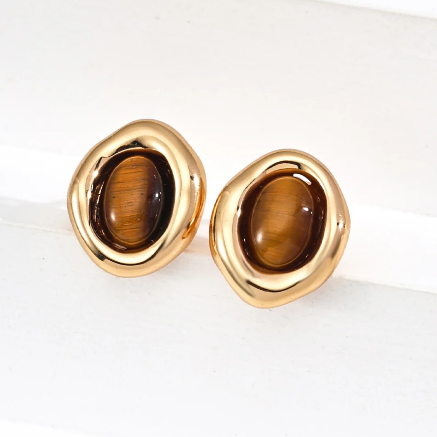 Tiger Eye Oval Earrings – S925 Sterling Silver in Vintage Gold & White Gold