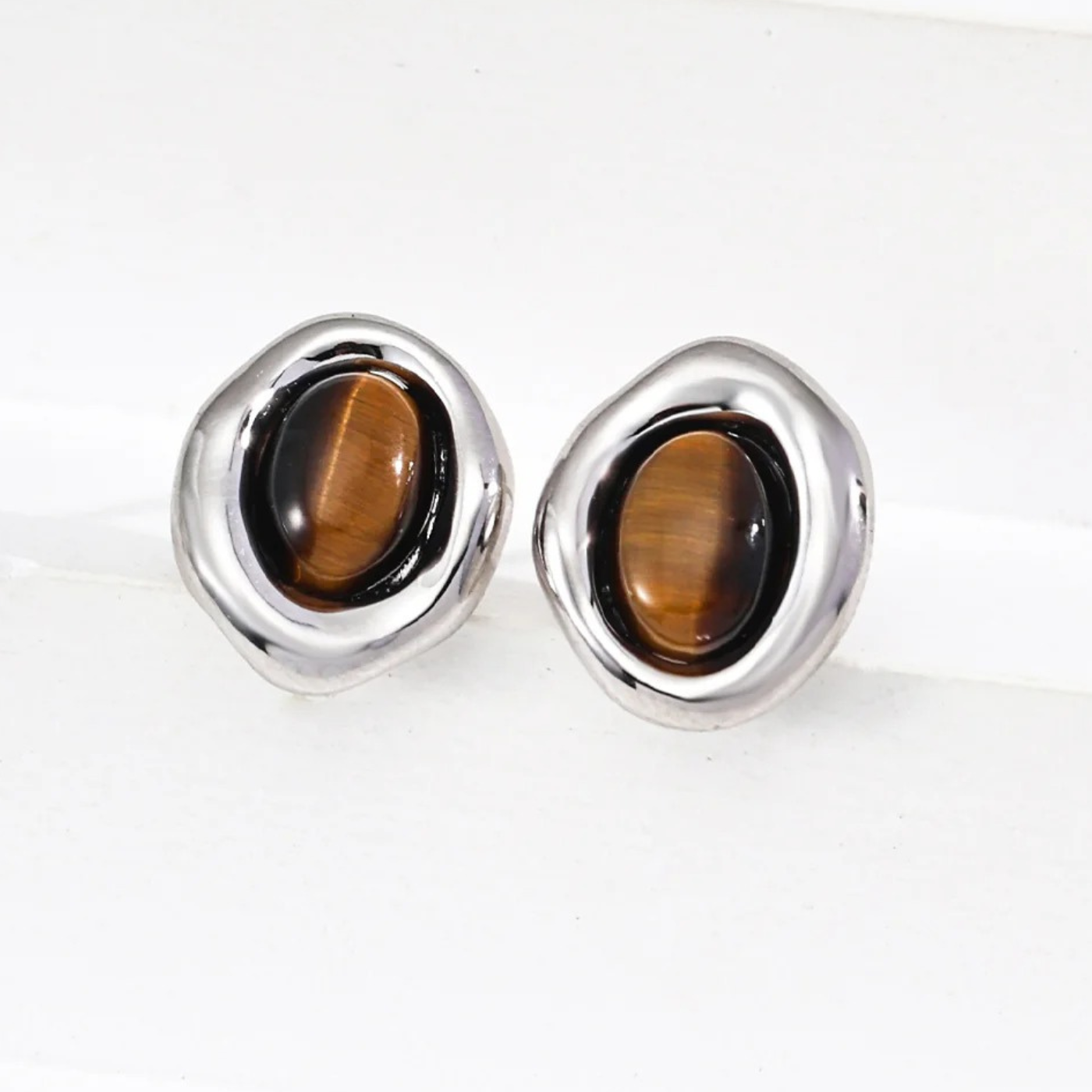 Tiger Eye Oval Earrings – S925 Sterling Silver in Vintage Gold & White Gold