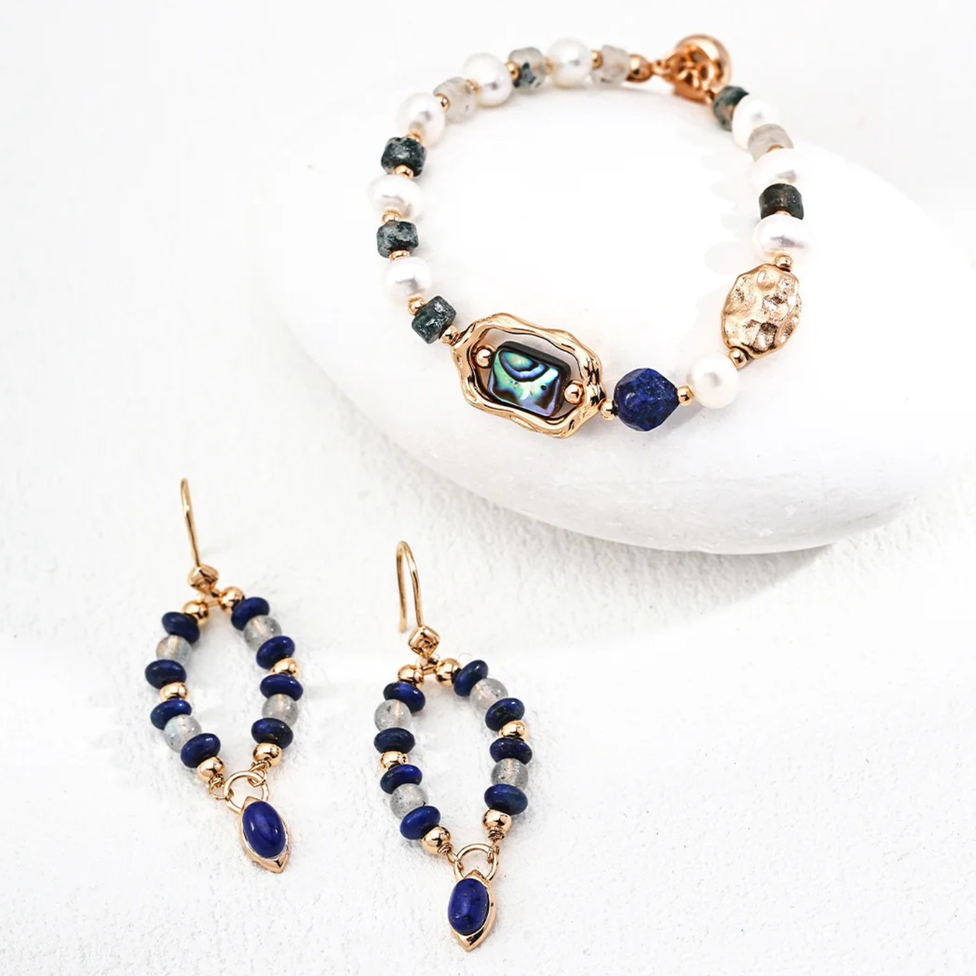 Luna Loop Earrings – Labradorite & Lapis Lazuli on S925 Sterling Silver in Vintage Gold