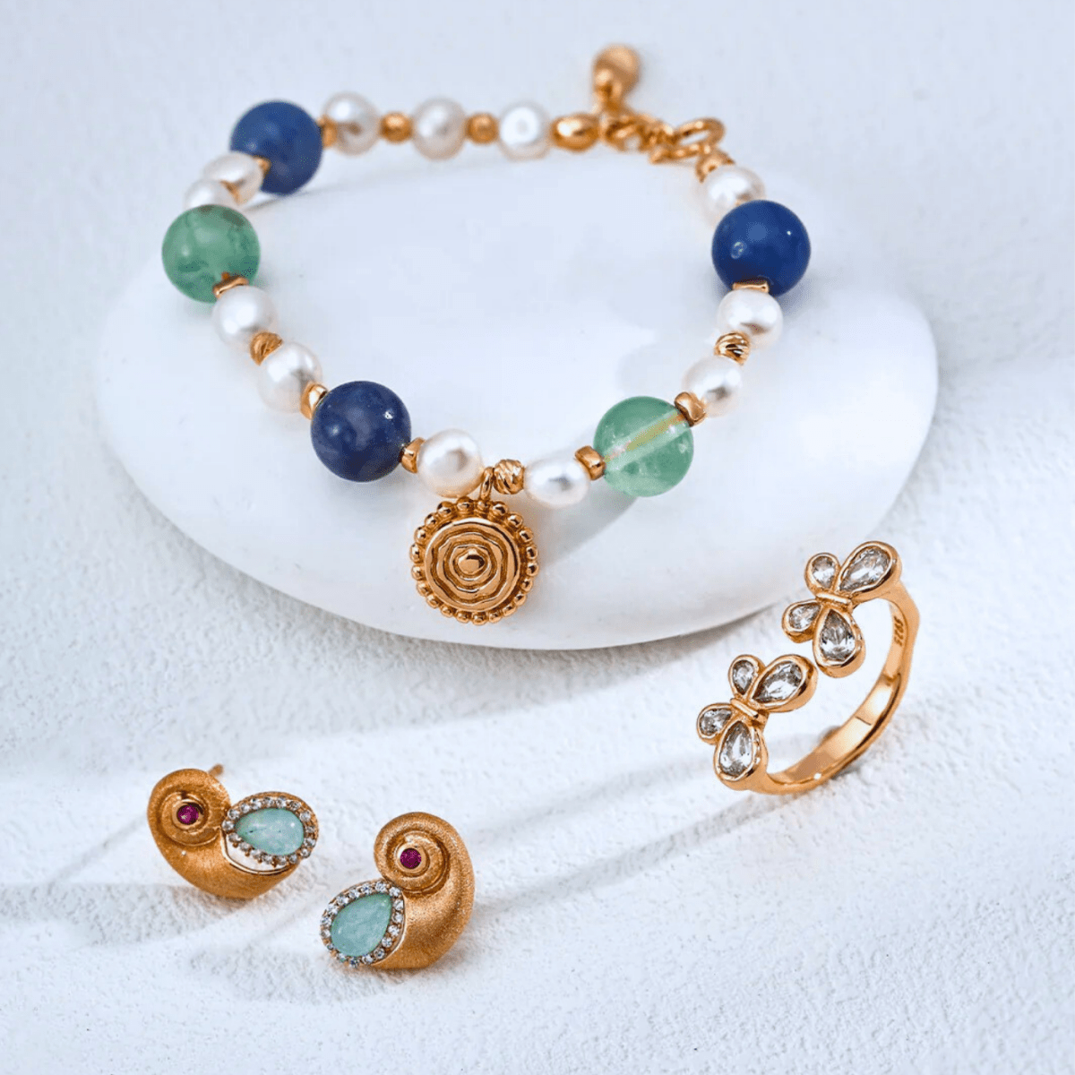 Aqua Teardrop Spiral Stud Earrings — S925 Vintage Gold - Beloved Moments Jewels & Co. Inc.