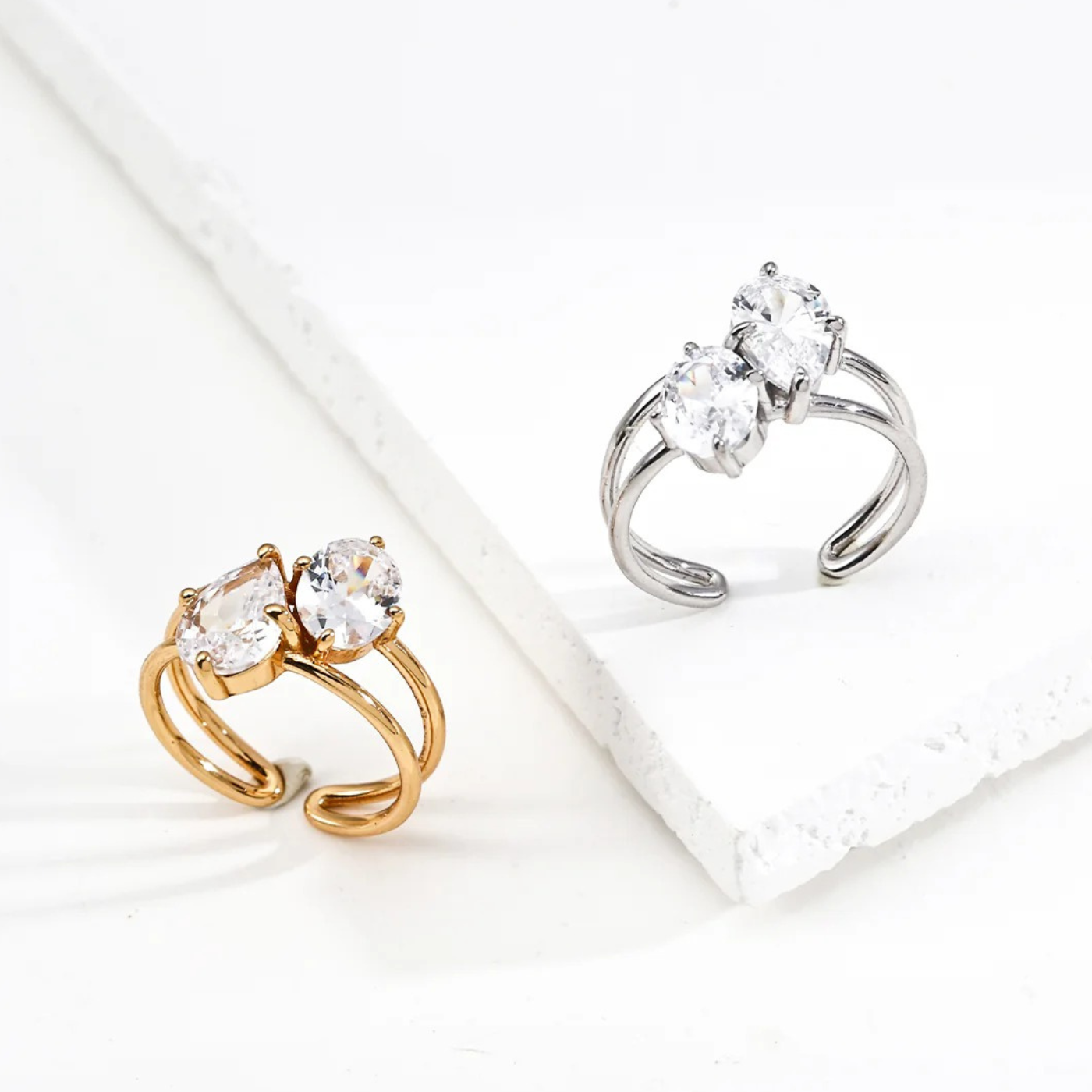 S925 Twin Gemstone Ring – Vintage Gold / White Gold