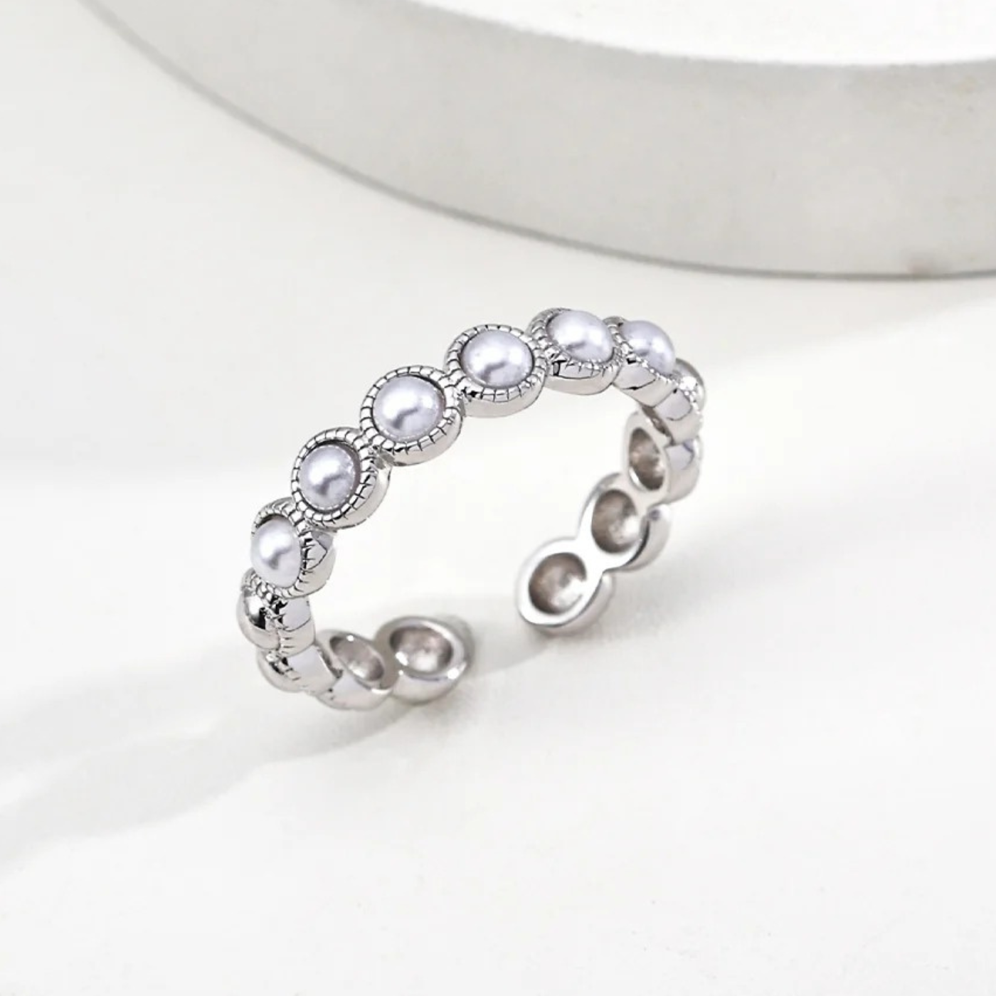 Minimalist Faux Pearl Ring - S925 Sterling Silver Adjustable