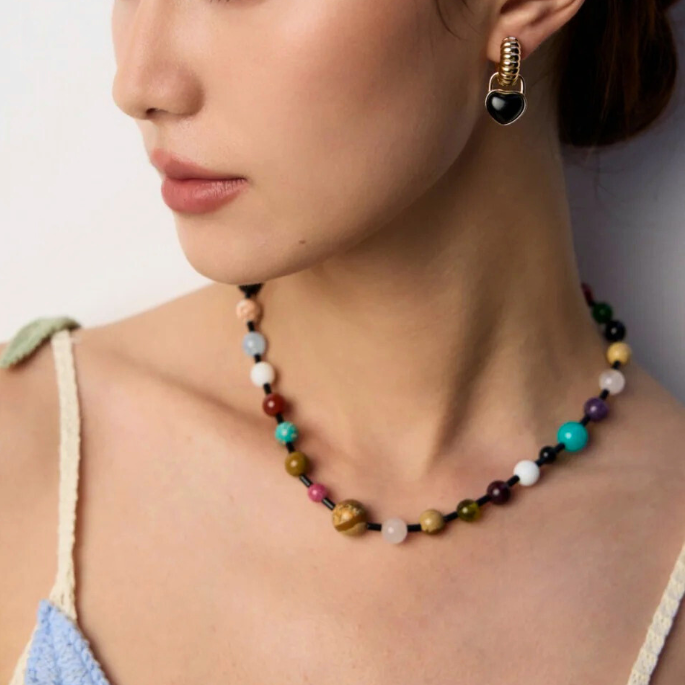 Radiant Noir Beaded Necklace – Black Onyx & Multicolour Beads on K Gold-Plated S925 Sterling Silver