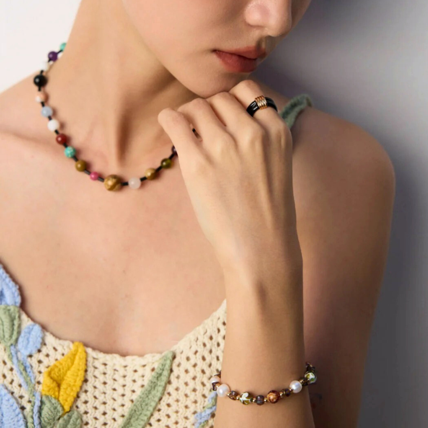 Radiant Noir Beaded Necklace – Black Onyx & Multicolour Beads on K Gold-Plated S925 Sterling Silver