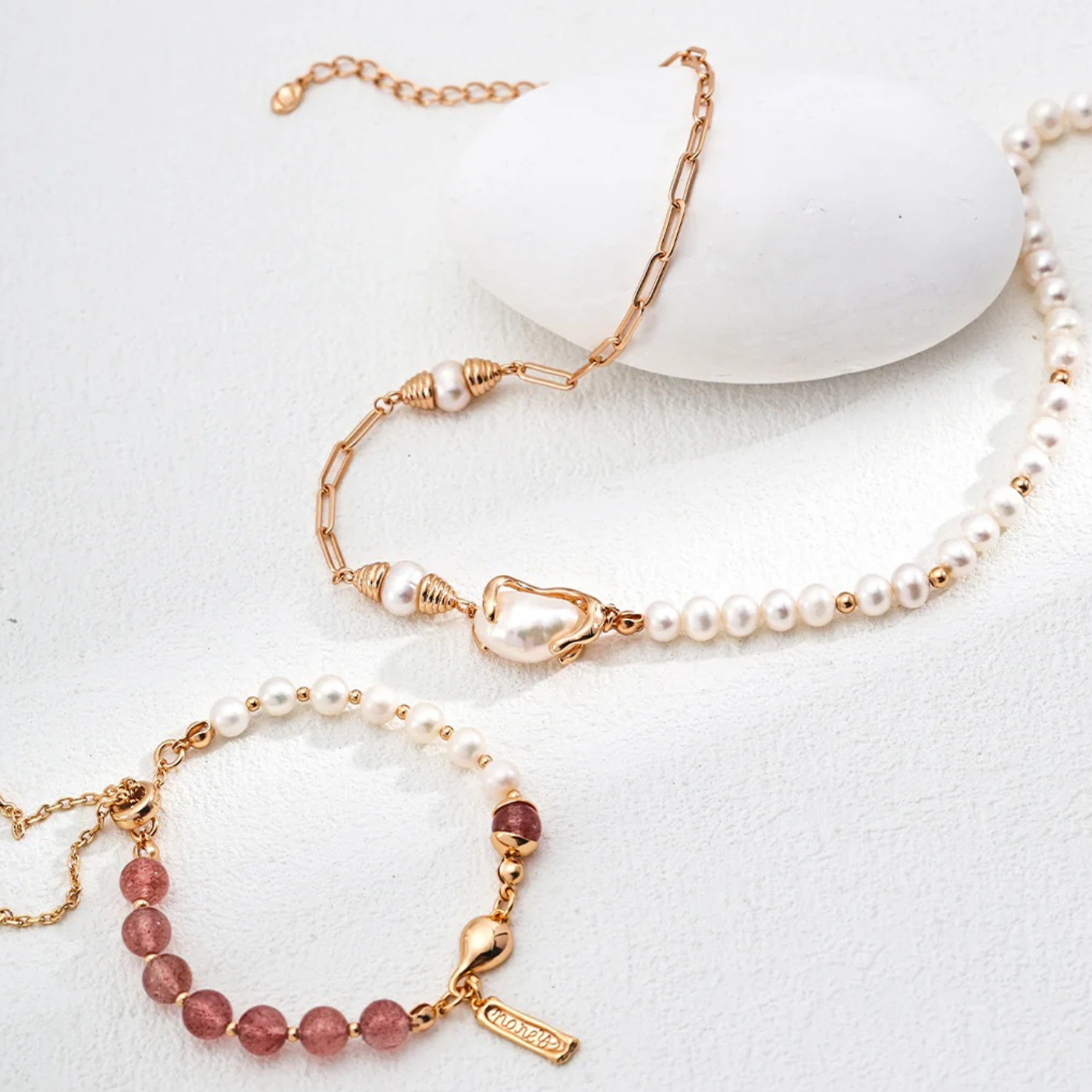 Gemstone & Pearl Adjustable Bracelet – S925 Sterling Silver Two-Tone Design