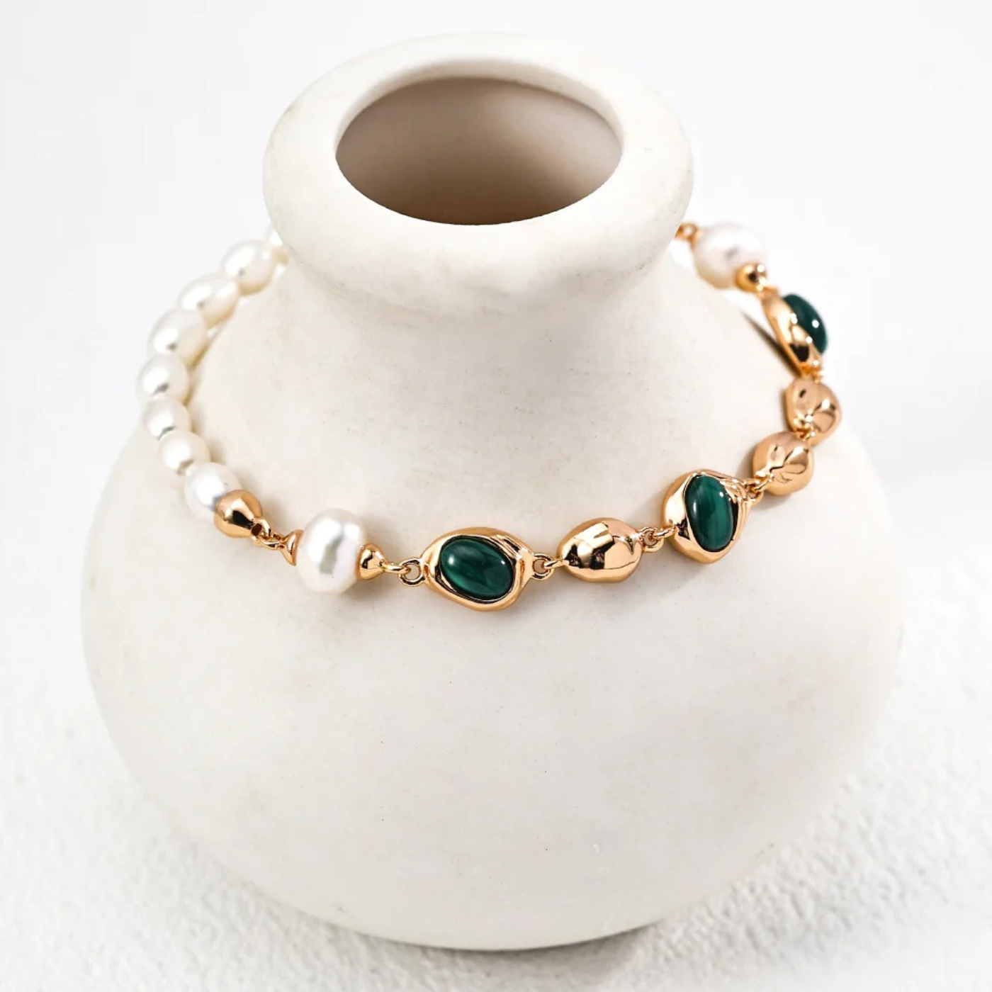 Pearl & Malachite Bracelet – S925 Sterling Silver in Vintage Gold Finish
