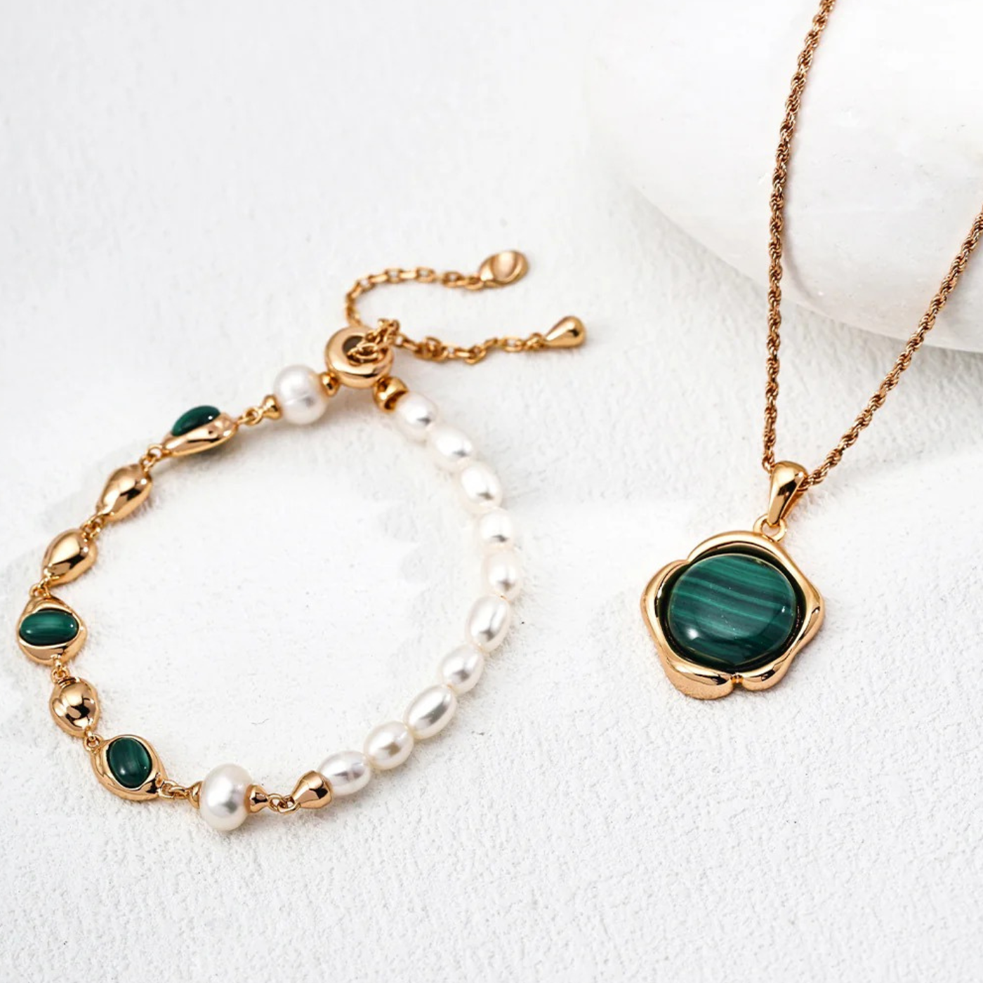 Pearl & Malachite Bracelet – S925 Sterling Silver in Vintage Gold Finish