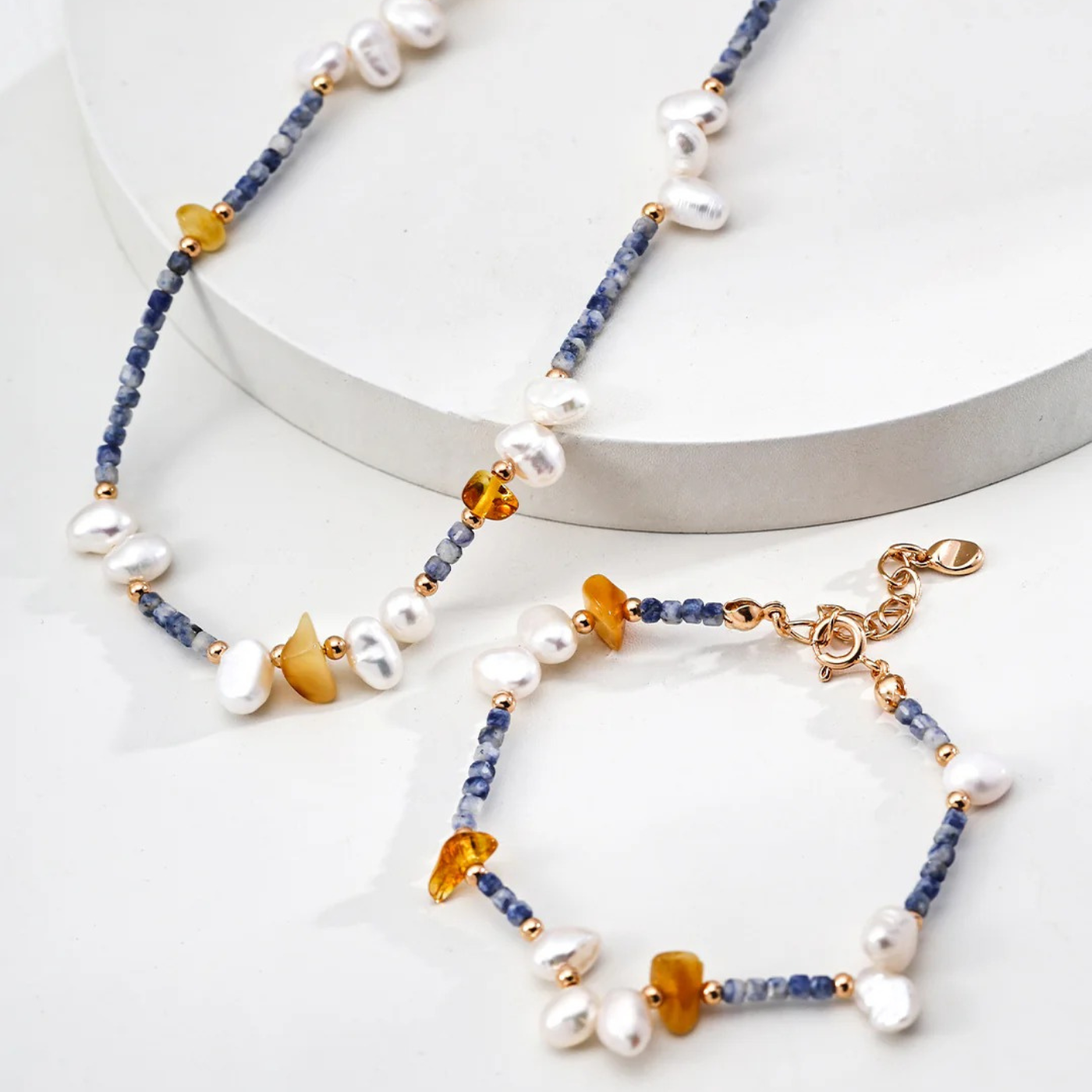Natural Pearl & Blue Spot Stone Wax Cord Bracelet S925 Sterling Silver