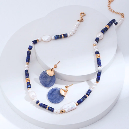 Lapis & Pearl Collar Necklace — S925, Vintage Gold (Adjustable)