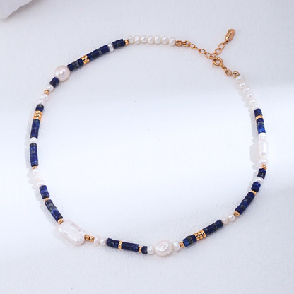 Lapis & Pearl Collar Necklace — S925, Vintage Gold (Adjustable)