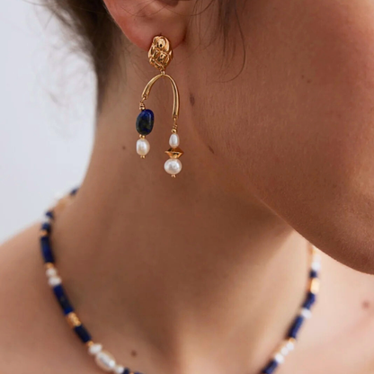 Lapis & Pearl Collar Necklace — S925, Vintage Gold (Adjustable)