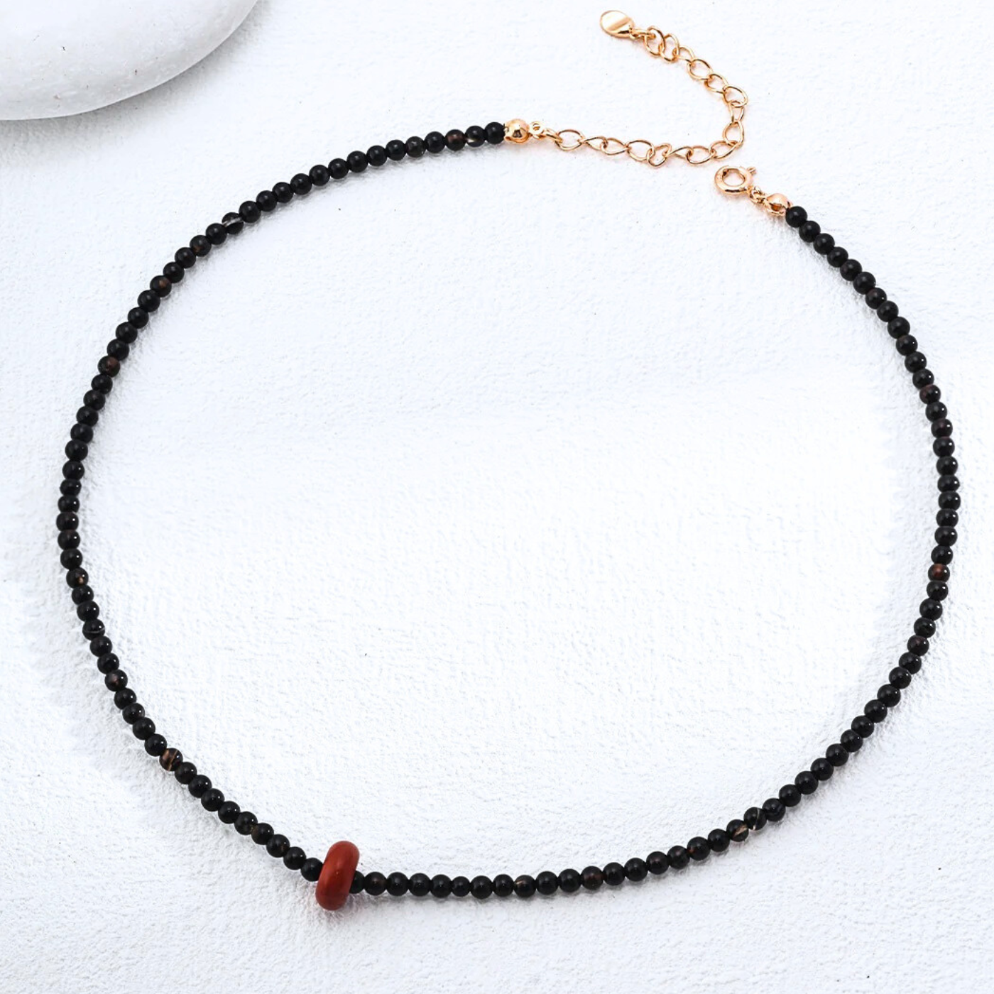 Noir Black Onyx & Red Gem Beaded Necklace – 925 Sterling Silver, Adjustable Length