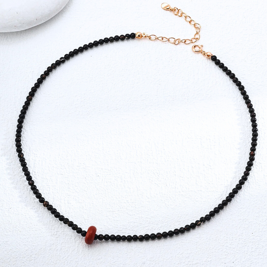 Noir Black Onyx & Red Gem Beaded Necklace – 925 Sterling Silver, Adjustable Length