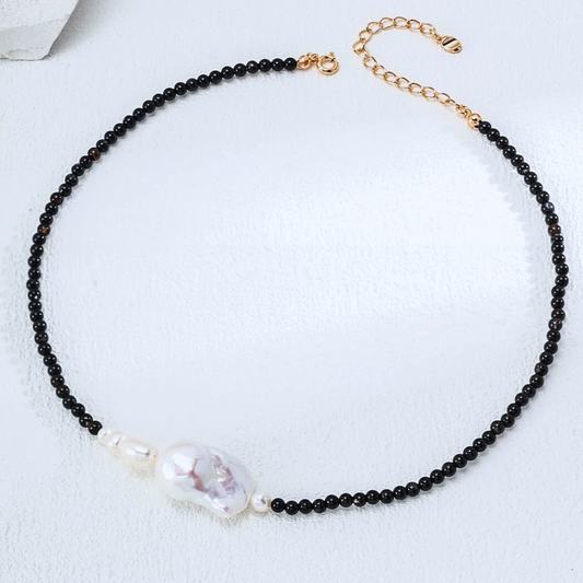 Baroque Pearl & Black Onyx Beaded Necklace — Vintage Gold (S925)