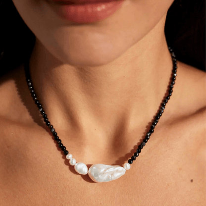 Baroque Pearl & Black Onyx Beaded Necklace — Vintage Gold (S925) - Beloved Moments Jewels & Co. Inc.