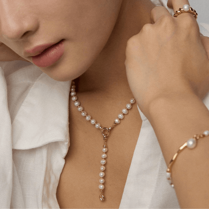 Pearl Toggle Necklace – S925 Sterling Silver in Vintage Gold & White Gold - Beloved Moments Jewels & Co. Inc.