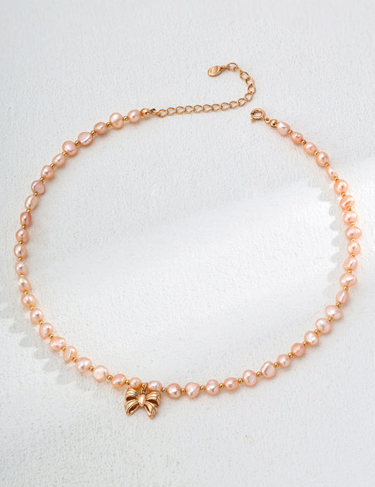 Blush Bow Freshwater Pearl Necklace – S925 Sterling Silver in Vintage Gold - Beloved Moments Jewels