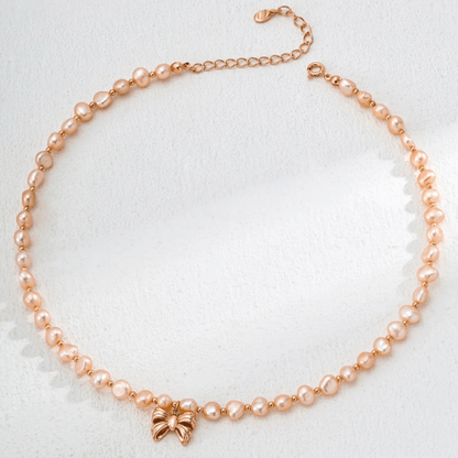 Blush Bow Freshwater Pearl Necklace – S925 Sterling Silver in Vintage Gold - Beloved Moments Jewels & Co. Inc.
