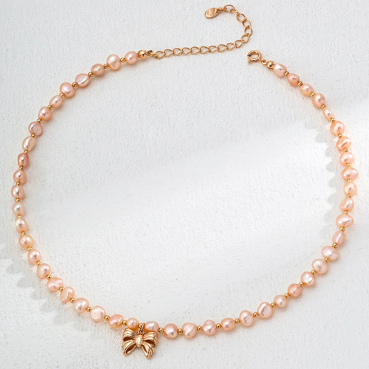 Blush Bow Freshwater Pearl Necklace – S925 Sterling Silver in Vintage Gold