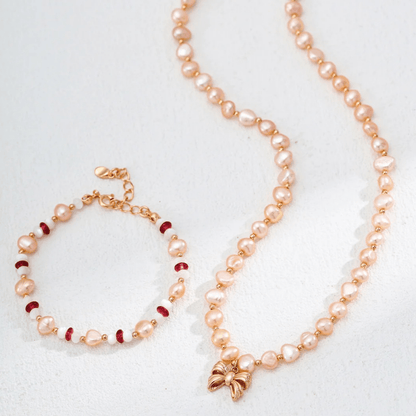 Blush Bow Freshwater Pearl Necklace – S925 Sterling Silver in Vintage Gold - Beloved Moments Jewels & Co. Inc.