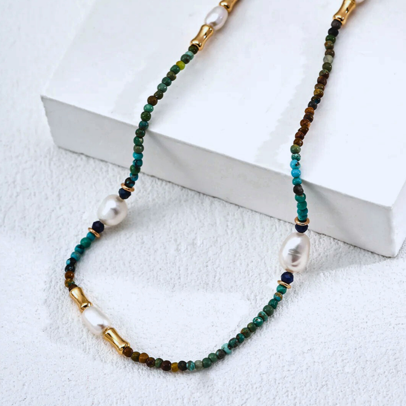 Turquoise, Lapis & Pearl Necklace — S925, Vintage Gold or White Gold (Adjustable)
