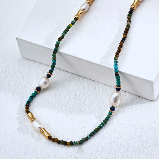 Turquoise, Lapis & Pearl Necklace — S925, Vintage Gold or White Gold (Adjustable)