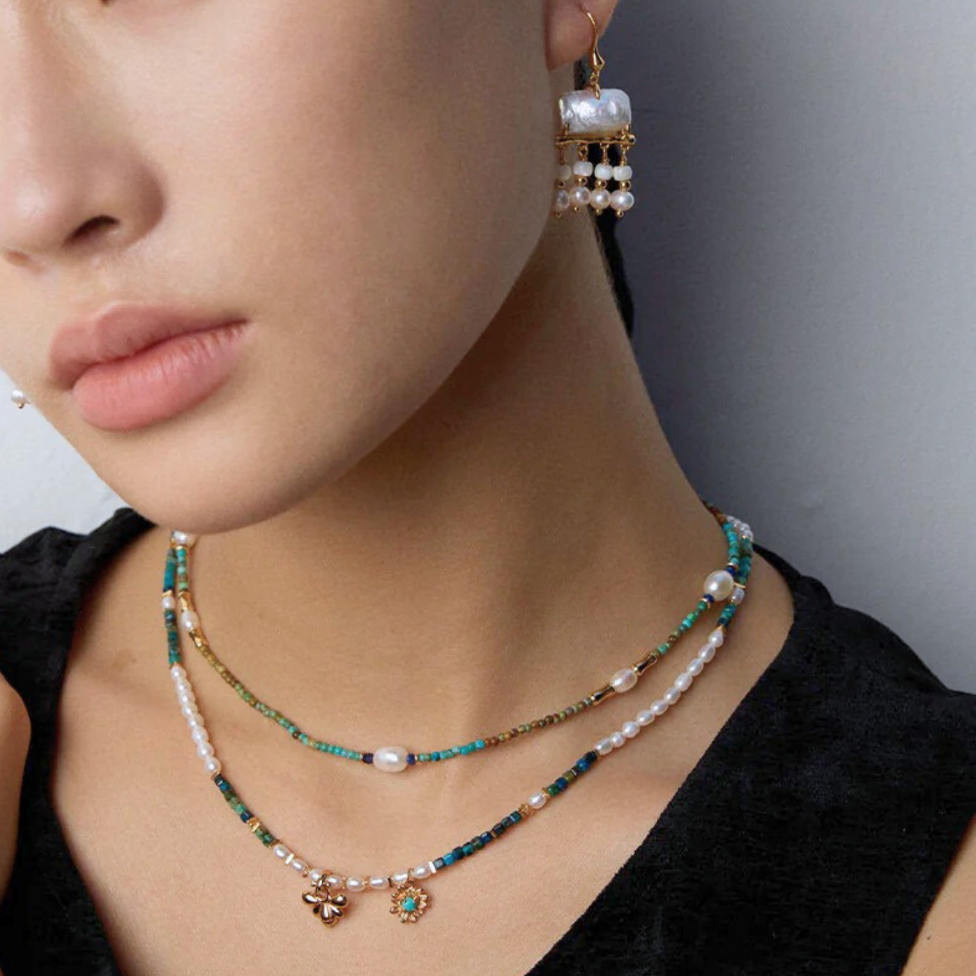 Turquoise, Lapis & Pearl Necklace — S925, Vintage Gold or White Gold (Adjustable)