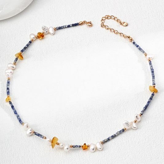 Natural Pearl & Blue Spot Stone Wax Cord Necklace S925 Sterling Silver
