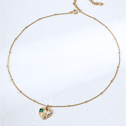 Heart Gemstone Charm Necklace – 18K Vintage Gold Plated S925 Silver - Beloved Moments Jewels & Co. Inc.