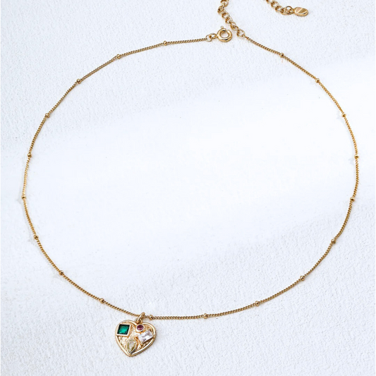 Heart Gemstone Charm Necklace – S925 Sterling Silver in Vintage Gold