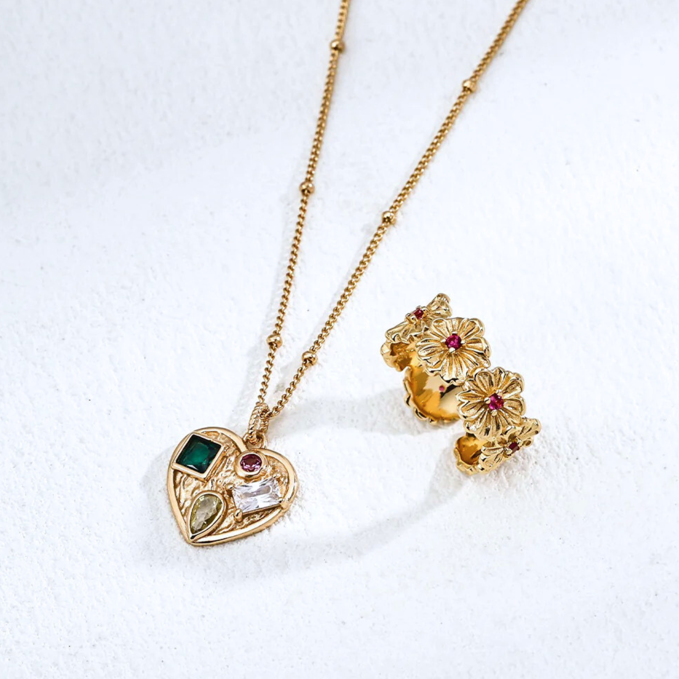 Heart Gemstone Charm Necklace – S925 Sterling Silver in Vintage Gold