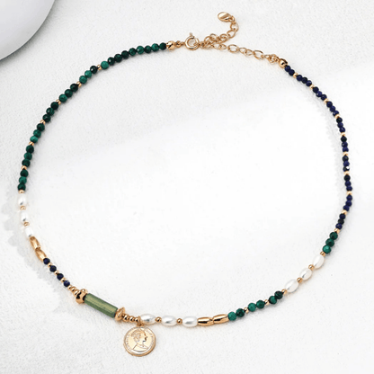 Gaia Medallion Necklace – Pearl, Malachite & Lapis on S925 Silver in Vintage Gold - Beloved Moments Jewels & Co. Inc.