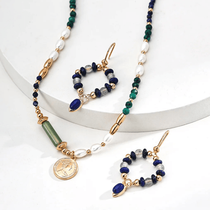 Gaia Medallion Necklace – Pearl, Malachite & Lapis on S925 Silver in Vintage Gold - Beloved Moments Jewels & Co. Inc.